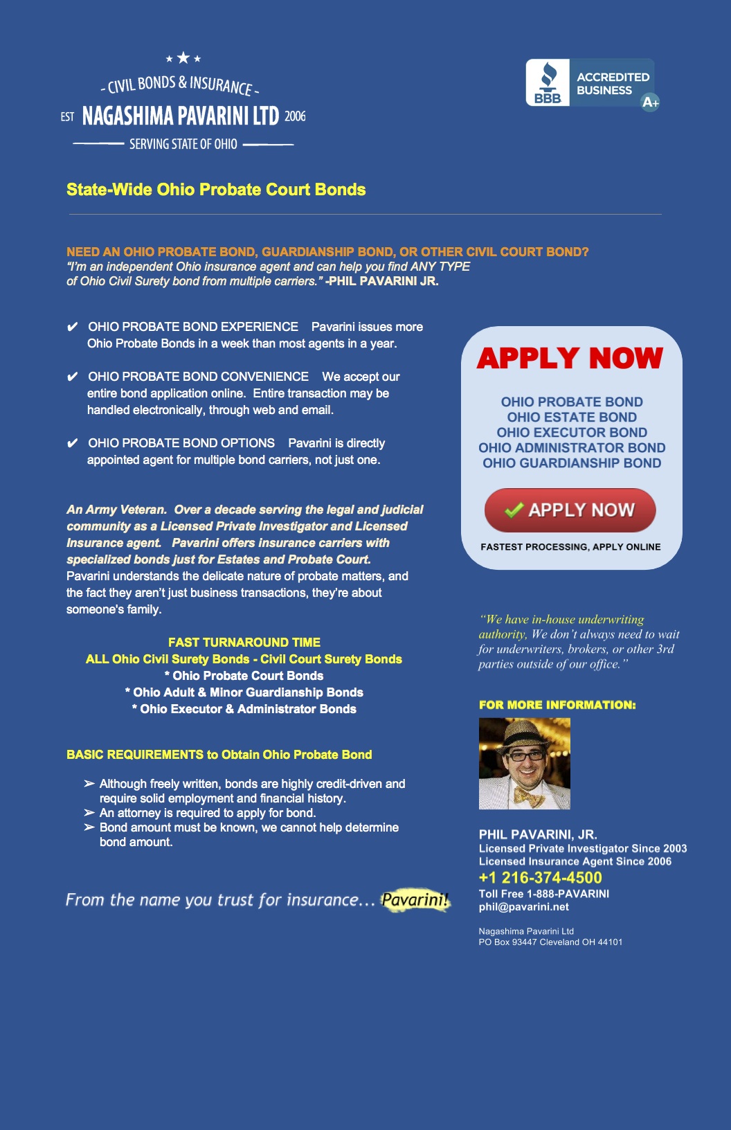 Phil Pavarini Jr. for Ohio Probate Court Bonds Attorney Recommended Member BBB